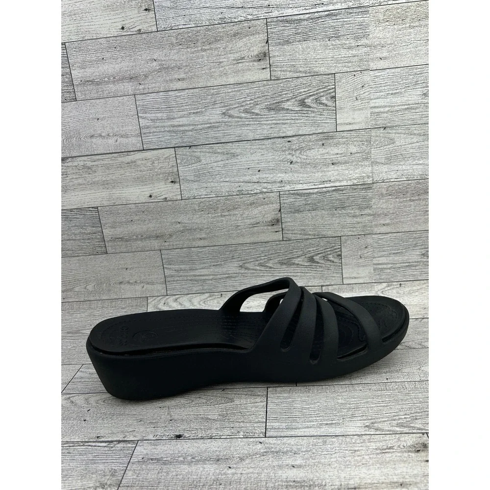 Crocs Women's‎ Rhonda Black Multi Strap Wedge Sandals Slides Comfort Size 11